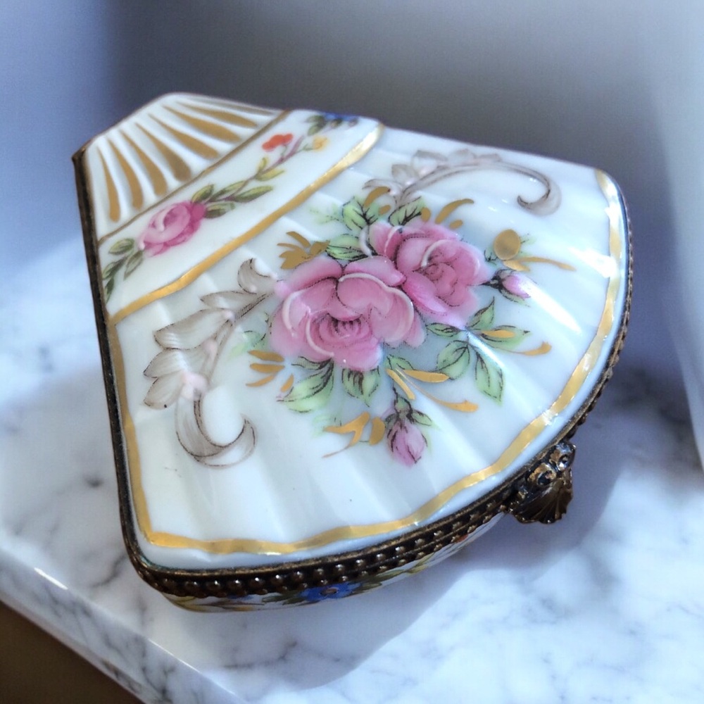 Limoges France Porcelain Trinket Box Fan Shaped Floral Rose